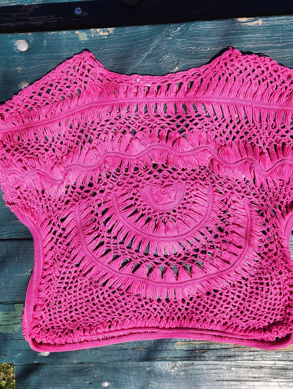 Hot Pink Crochet Top Boho Festival Barbiecore Fringe Knit Beach Cover Up